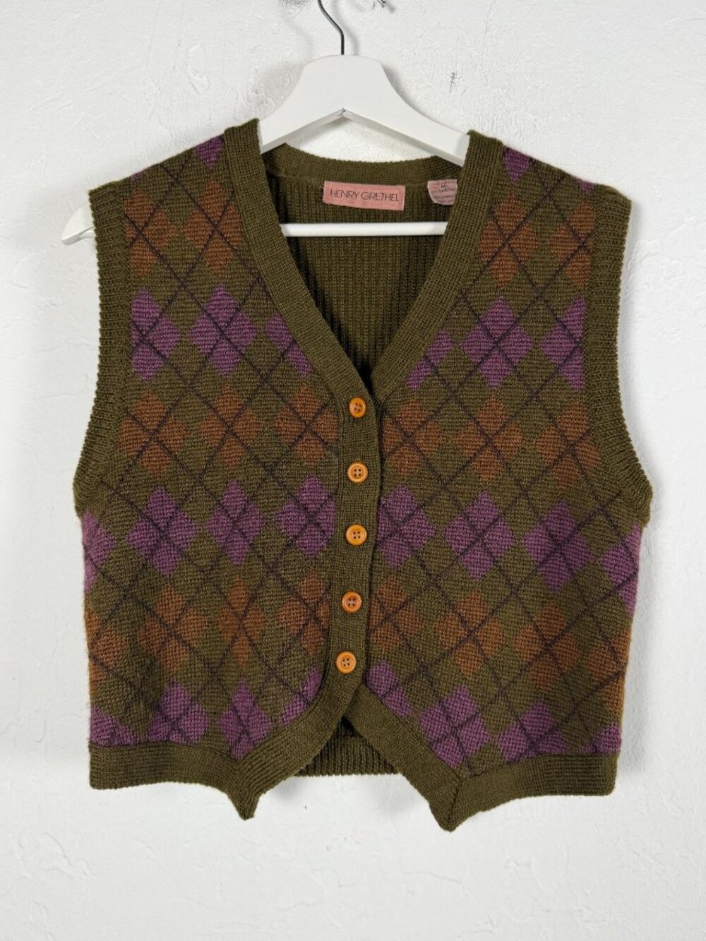 Vintage Henry Grethel Women Argyle Wool Knit Sweater Vest Medium Button Front